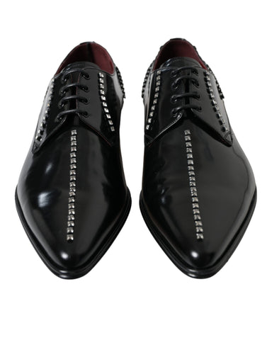 Black leather crystal dress shoes by Dolce & Gabbana, featuring elegant design with crystal embellishments for formal occasions.