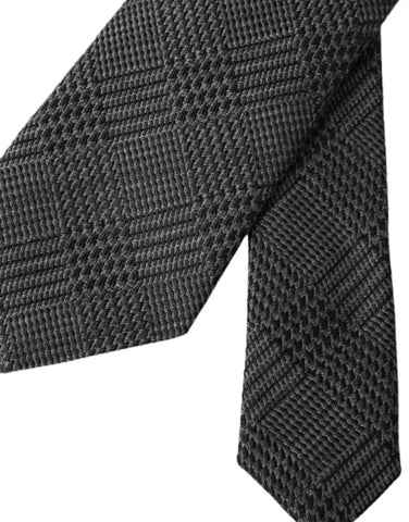 Dark gray silk tie with plaid pattern and adjustable strap, stylish men's accessory by Dolce & Gabbana.