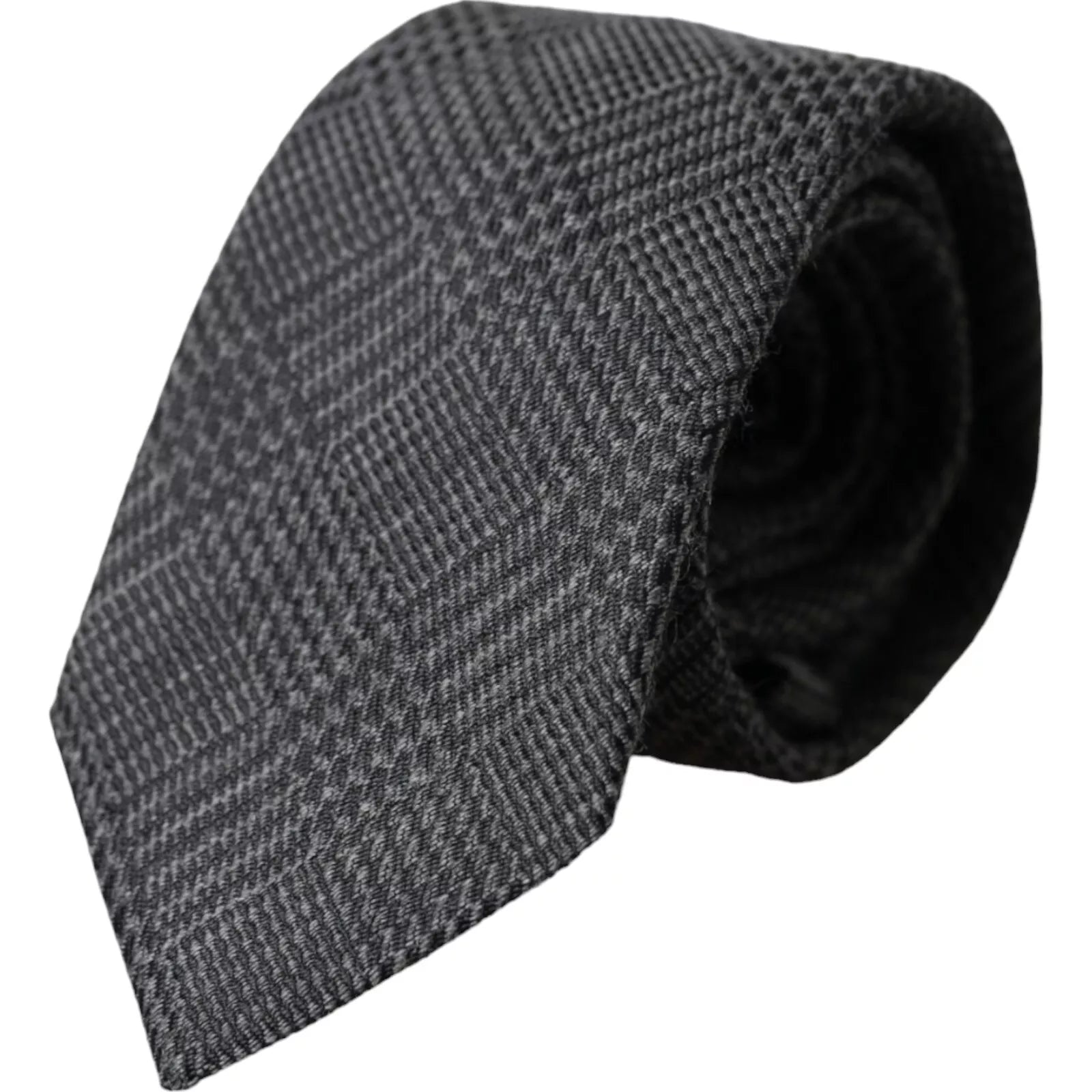 Dark gray silk men’s tie with plaid pattern, adjustable and from Dolce & Gabbana, shown laid flat on a white background.