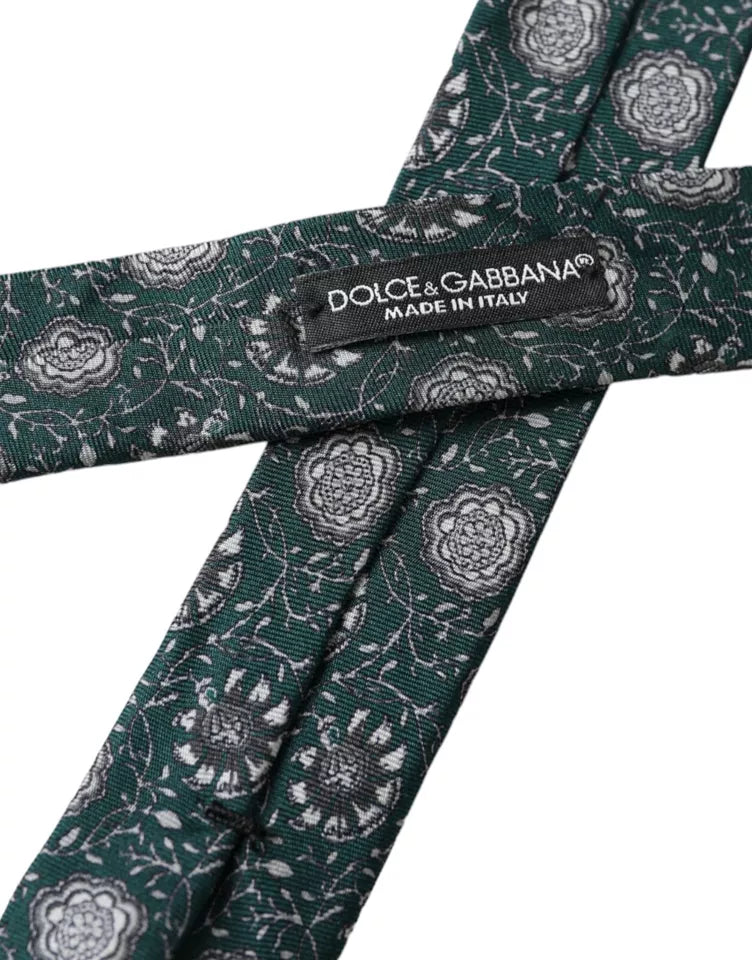 Green floral print silk men’s tie by Dolce & Gabbana, featuring an adjustable design and elegant floral pattern.