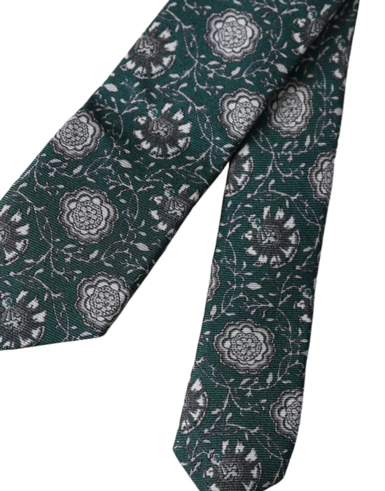 Green floral print silk men's tie by Dolce & Gabbana with adjustable length and elegant floral design.
