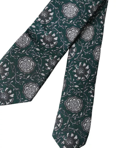 Green floral print silk men's tie by Dolce & Gabbana with adjustable length and elegant floral design.