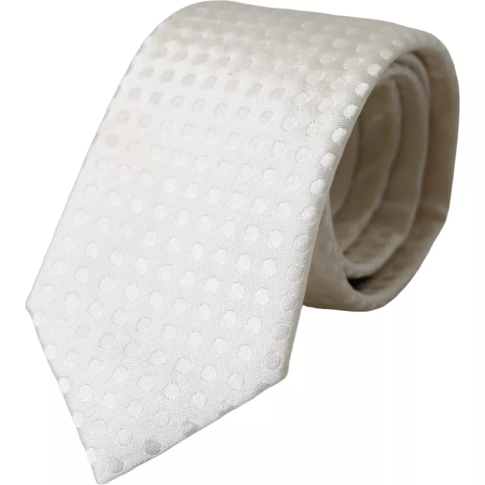 White dotted silk men's tie by Dolce & Gabbana with adjustable length and classic style.