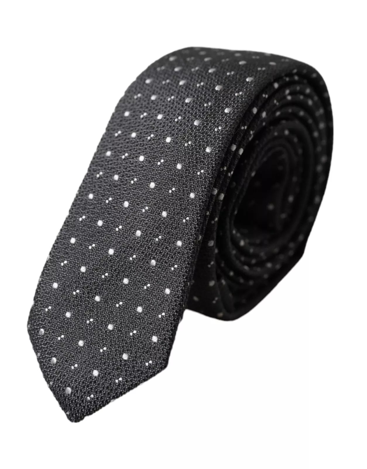 Black silk adjustable men’s tie with white polka dots by Dolce & Gabbana, featuring a sleek, elegant design and classic pattern.