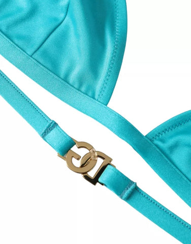 Blue and green halter bikini top with DG logo, stylish Dolce & Gabbana swimwear for beach and poolside wear.
