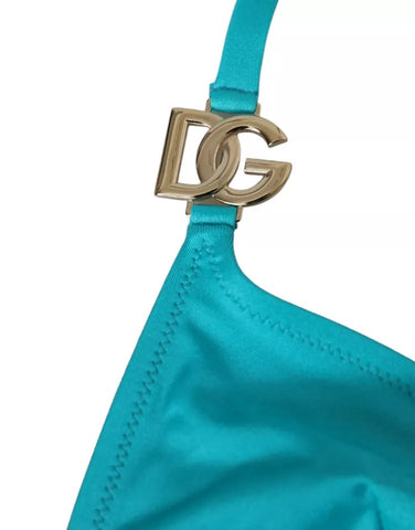 Blue and green halter bikini top with Dolce & Gabbana logo, featuring a stylish design for beachwear and swimwear.