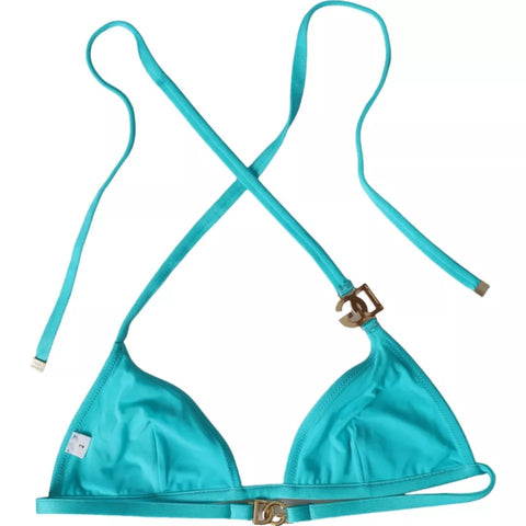 Blue and green Dolce & Gabbana halter bikini top with DG logo, featuring a stylish swimwear beachwear design.
