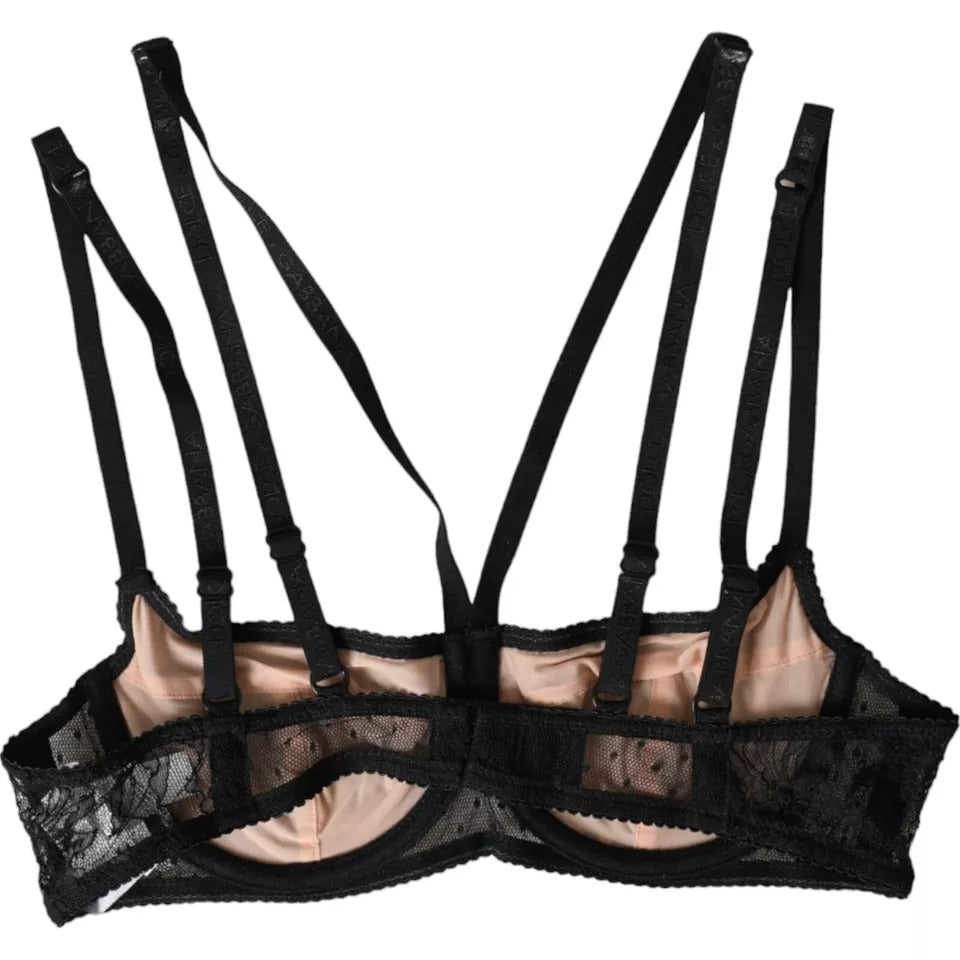 Black floral lace nylon balconette bra from Dolce & Gabbana with delicate embroidery and adjustable straps.