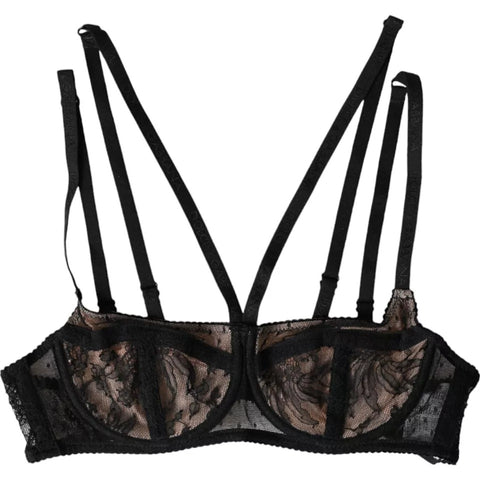 Black floral lace nylon balconnette bra by Dolce & Gabbana with delicate lace details and supportive underwire.