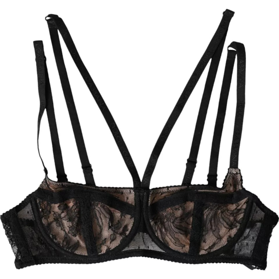 Black floral lace nylon balconette bra from Dolce & Gabbana with delicate lace details and supportive design.