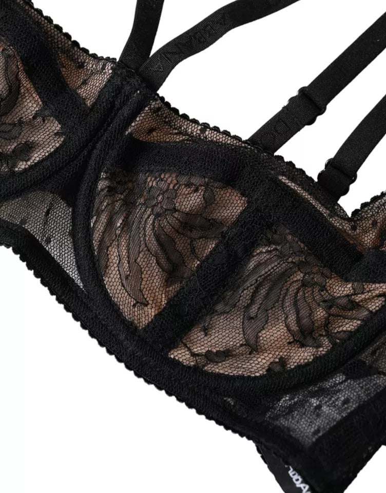 Black floral lace nylon balconette bra by Dolce & Gabbana, featuring delicate lace details and supportive underwire design.