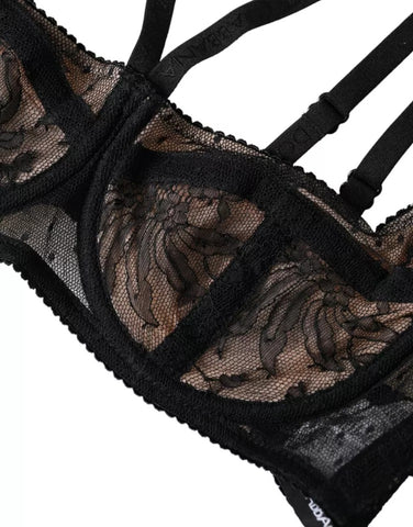 Black floral lace nylon balconette bra by Dolce & Gabbana, featuring delicate lace details and supportive underwire design.