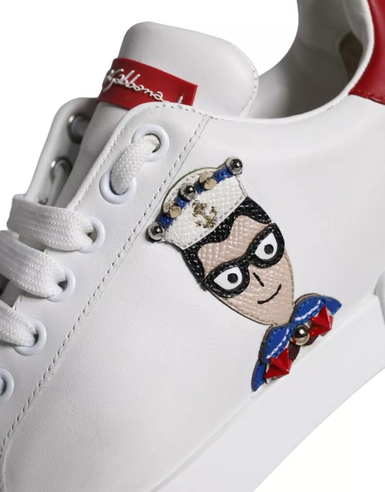 White Patch Calfskin Nappa Portofino Sneakers by Dolce & Gabbana, showing sleek leather shoes with stitching details.