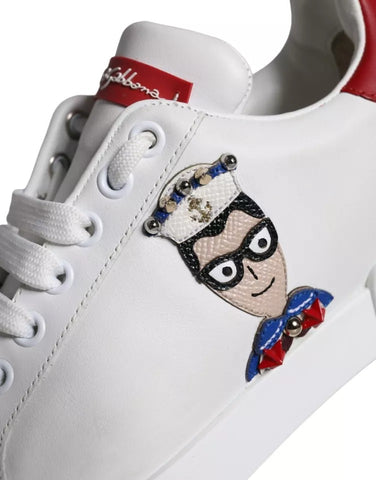 White Patch Calfskin Nappa Portofino Sneakers by Dolce & Gabbana, showing sleek leather shoes with stitching details.