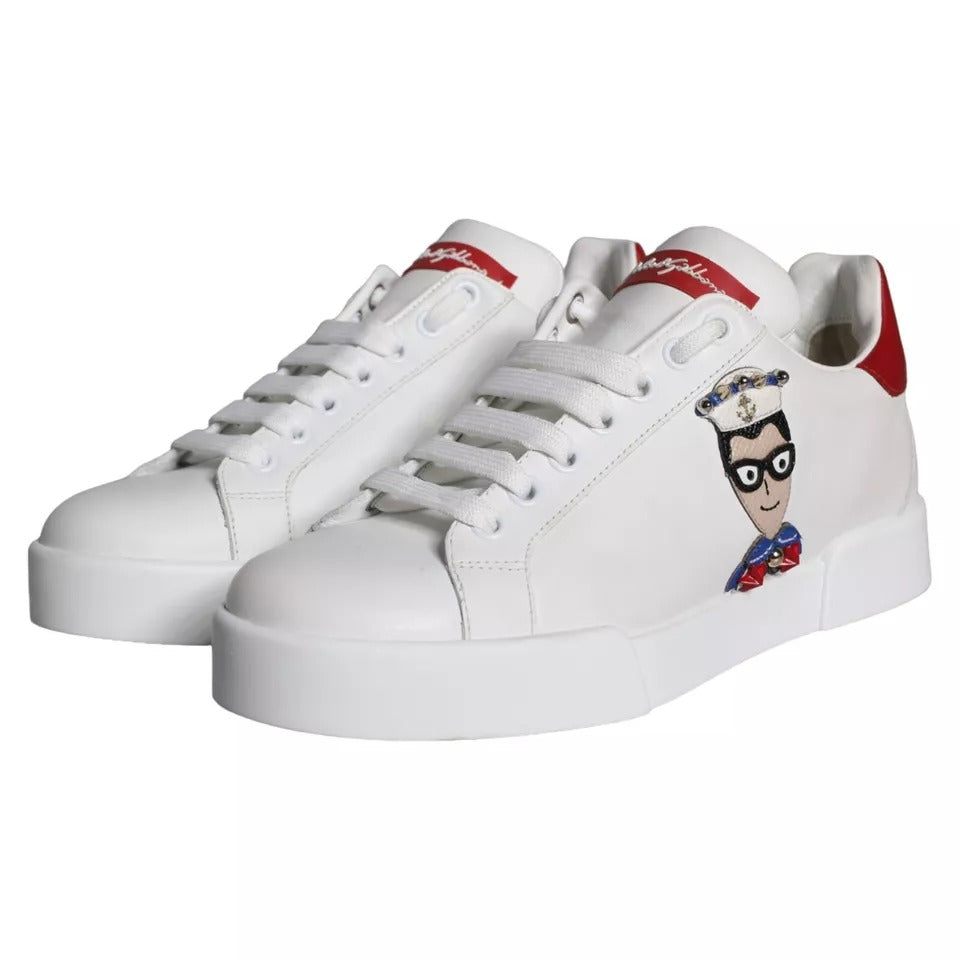 White Patch Calfskin Nappa Portofino Sneakers by Dolce & Gabbana, featuring sleek design and premium leather material.