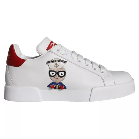White Dolce & Gabbana Patch Calfskin Nappa Portofino sneakers with sleek design and white rubber soles.