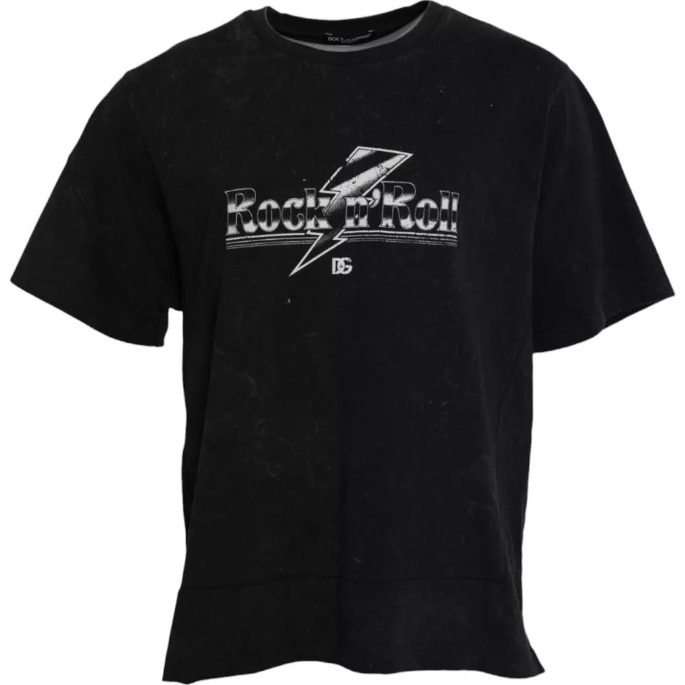 Black Dolce & Gabbana cotton crew neck T-shirt with bold graphic print front, casual and stylish men's top.