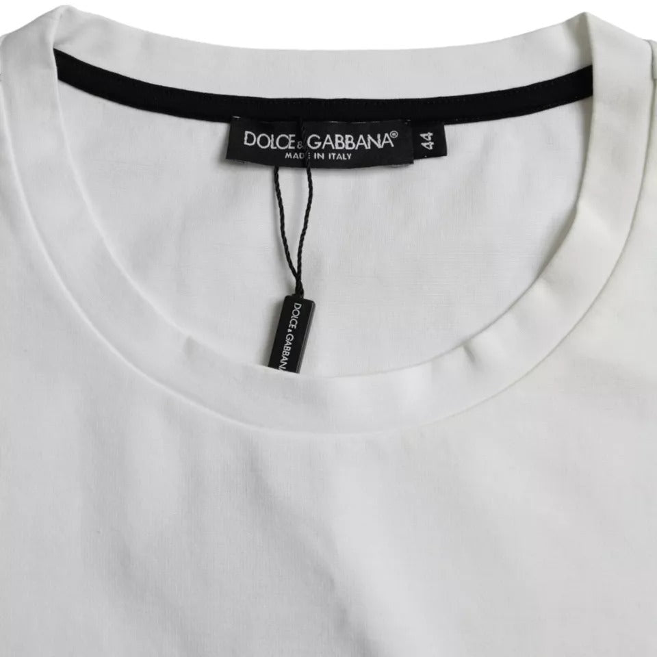 White cotton men's T-shirt with red lips print by Dolce & Gabbana, featuring a casual crew neck design.