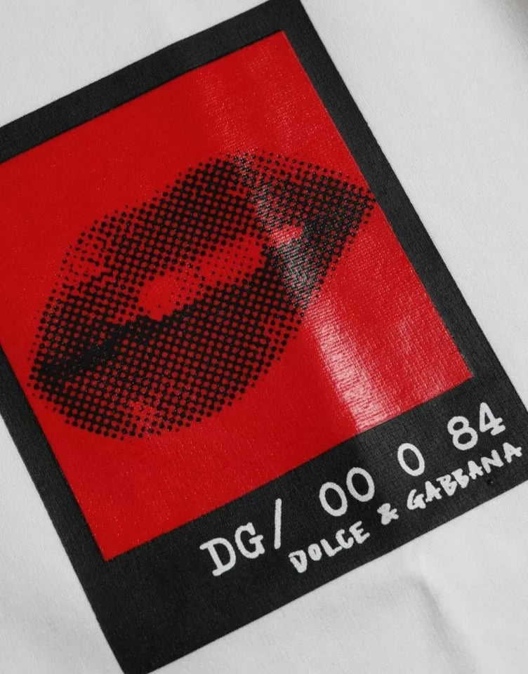 White cotton men's T-shirt with red lips print by Dolce & Gabbana, featuring bold graphic design and classic crew neck style.