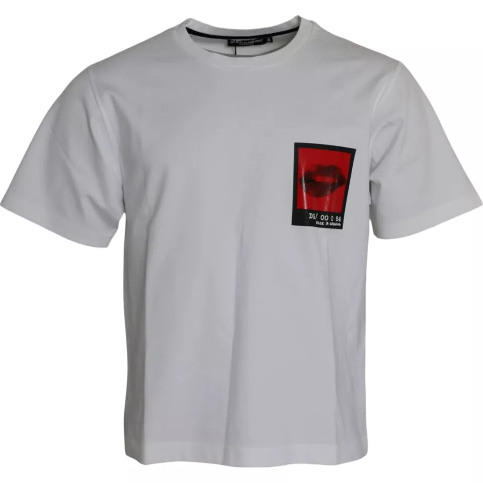 White cotton men's T-shirt with red lips print by Dolce & Gabbana, featuring a casual fit and bold graphic design.
