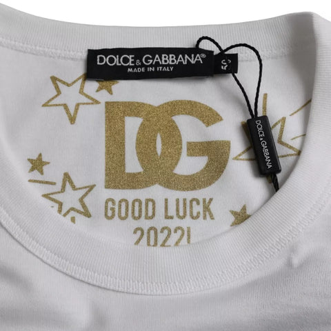White cotton round neck short sleeve T-shirt from Dolce & Gabbana showcased on a model.