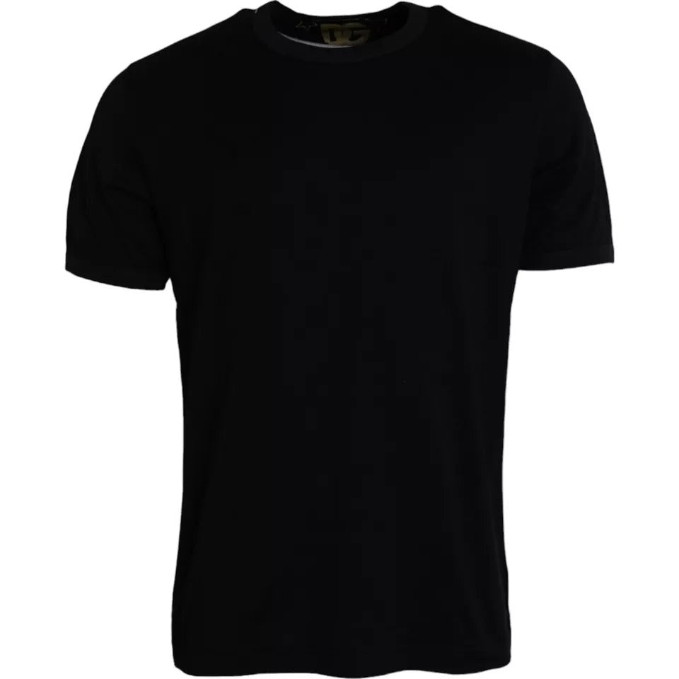 Black cotton round neck short sleeve men's T-shirt by Dolce & Gabbana, showing a close-up of the fabric and neckline.