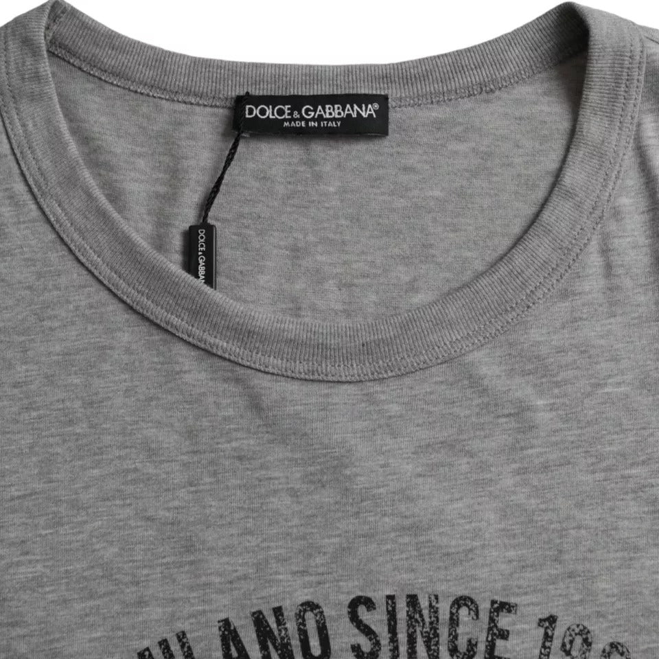 Gray cotton round neck T-shirt by Dolce & Gabbana with graphic print, casual and comfortable for everyday wear.