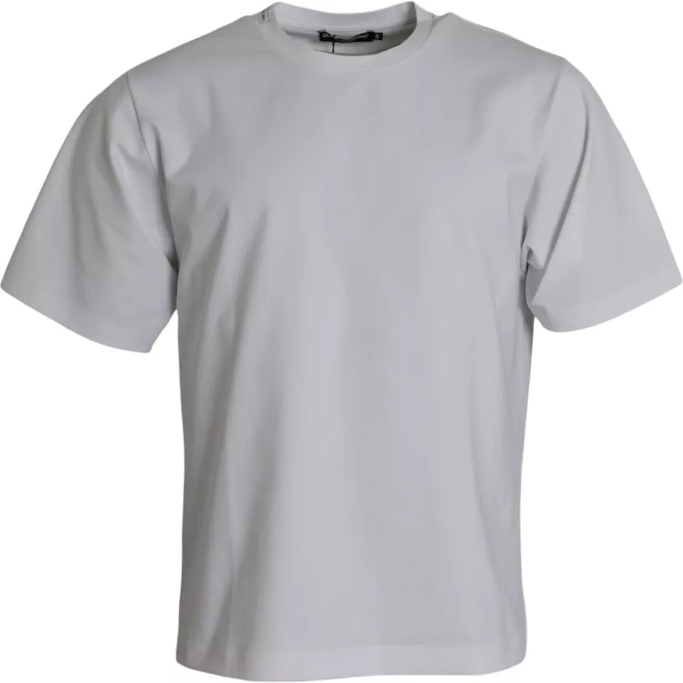 White cotton round neck short sleeve T-shirt by Dolce & Gabbana, plain design, soft fabric, close-up of the front view.