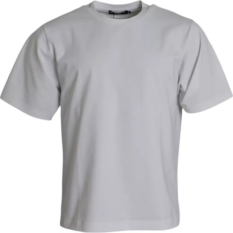 White cotton round neck short sleeve T-shirt by Dolce & Gabbana, plain design, soft fabric, close-up of the front view.