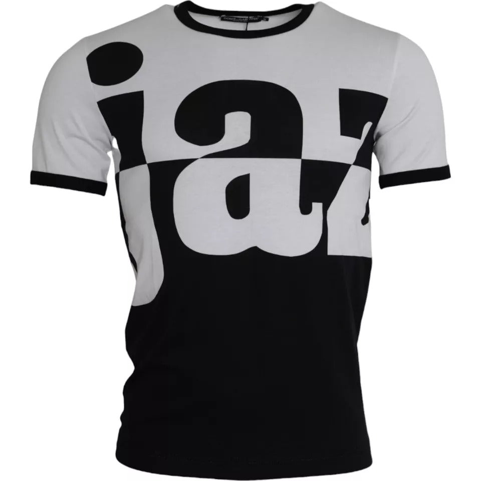 Black and white jazz print cotton short sleeves T-shirt by Dolce & Gabbana, featuring a stylish musical-themed design.