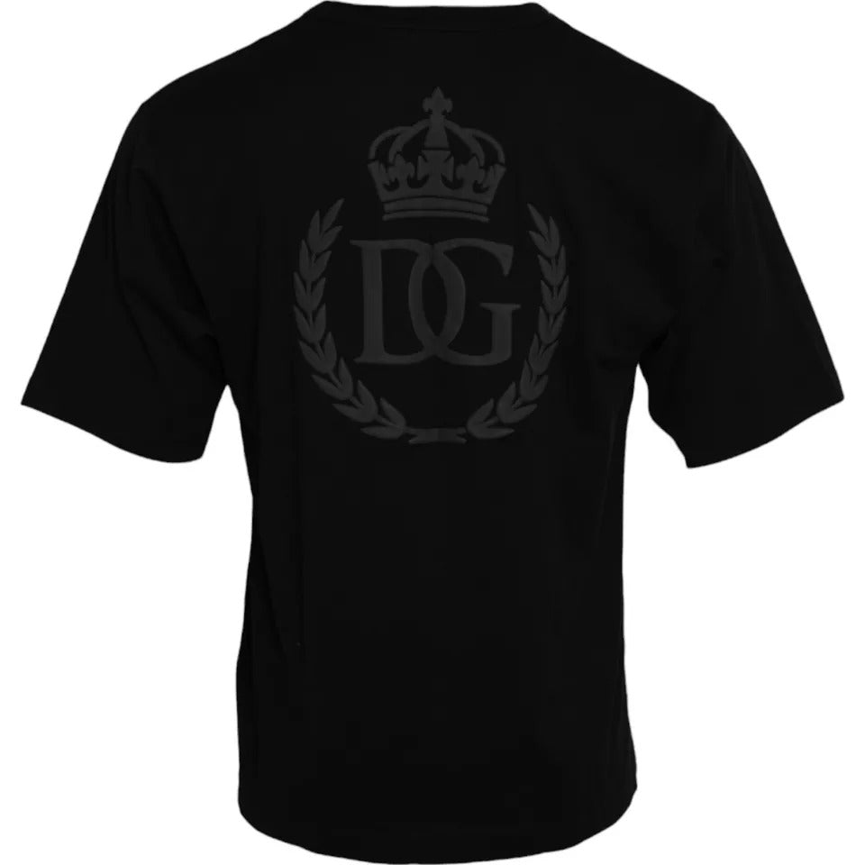 Black cotton crew neck T-shirt with embossed Dolce & Gabbana logo on the chest, casual and stylish men's T-shirt.