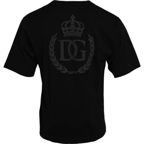 Black cotton crew neck T-shirt with embossed Dolce & Gabbana logo on the chest, casual and stylish men's T-shirt.