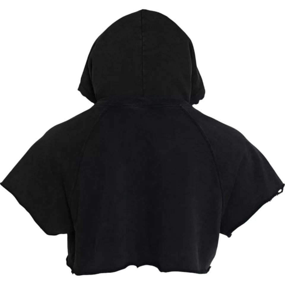 Black cotton hooded cropped T-shirt with short sleeves from Dolce & Gabbana, featuring a casual, stylish design.