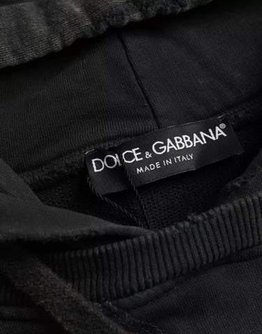 Black cotton hooded cropped T-shirt with short sleeves by Dolce & Gabbana, featuring a casual, stylish design.