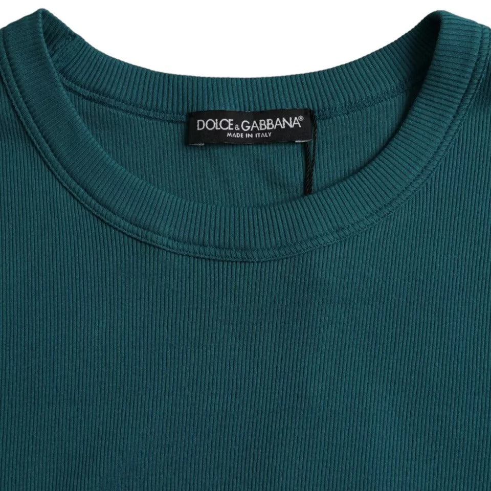 Blue and green cotton round neck short sleeve T-shirt by Dolce & Gabbana, casual style, fitted design, front view.