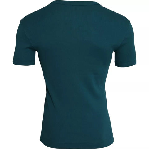 Blue and green cotton round neck short sleeve T-shirt by Dolce & Gabbana, casual fit with vibrant color blocks.