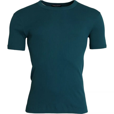 Blue and green cotton round neck short sleeve T-shirt by Dolce & Gabbana, casual fit, lightweight fabric, displayed on a plain background.
