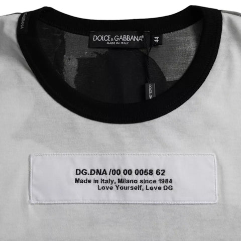 Black and white camouflage round neck T-shirt by Dolce & Gabbana displayed on a model.