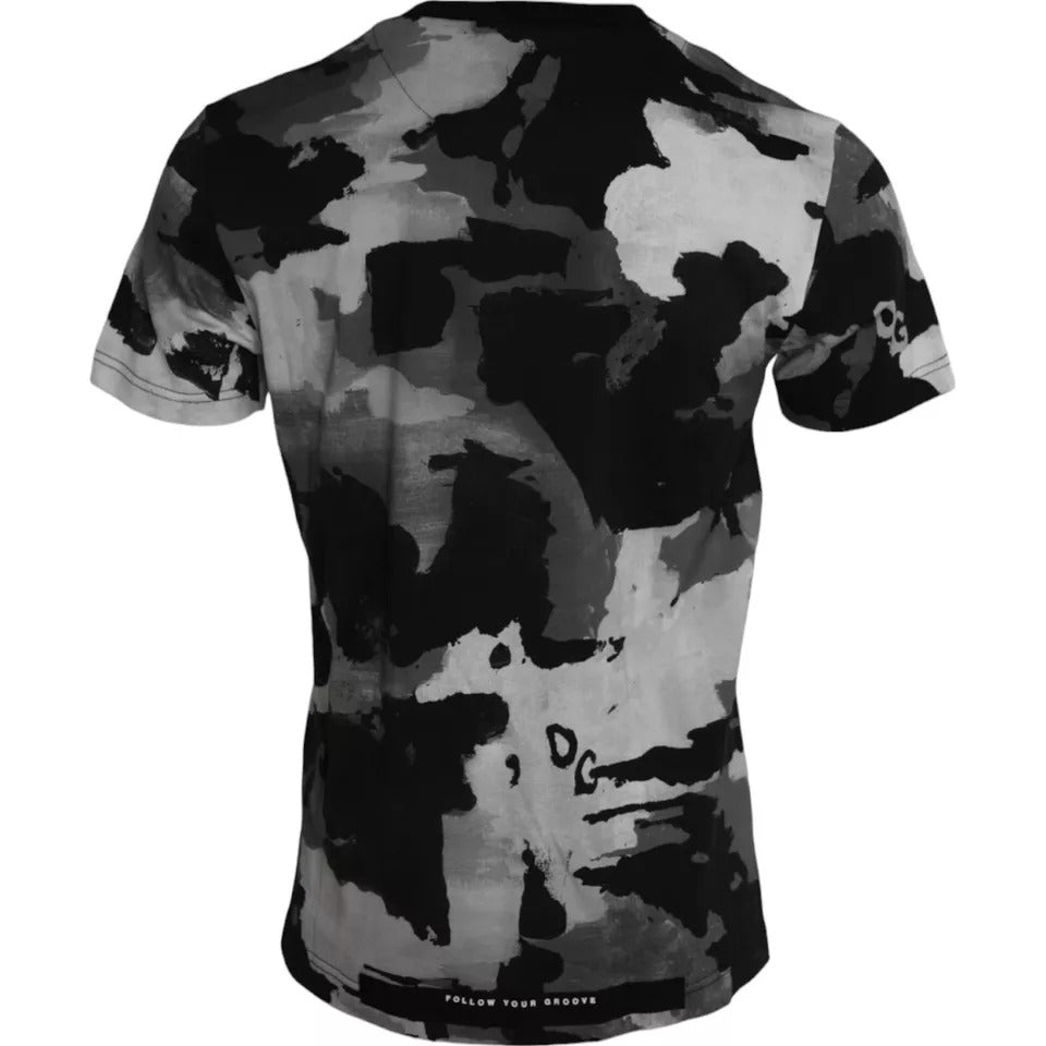 Black and white camouflage round neck T-shirt by Dolce & Gabbana, featuring a bold camouflage pattern and classic fit.
