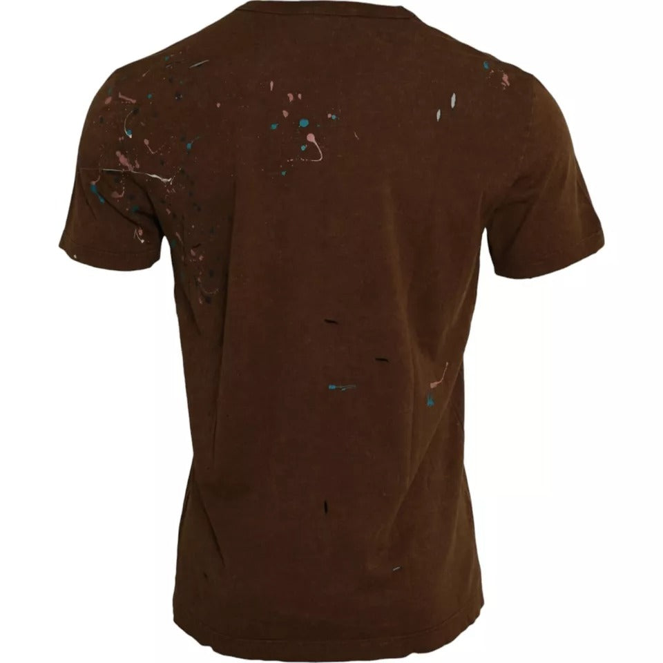 Brown cotton crew neck T-shirt with colorful splash design by Dolce & Gabbana, front view showing the artistic pattern.