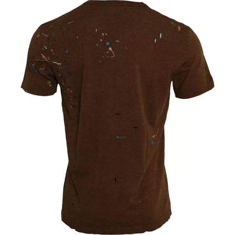Brown cotton crew neck T-shirt with colorful splash design by Dolce & Gabbana, front view showing the artistic pattern.