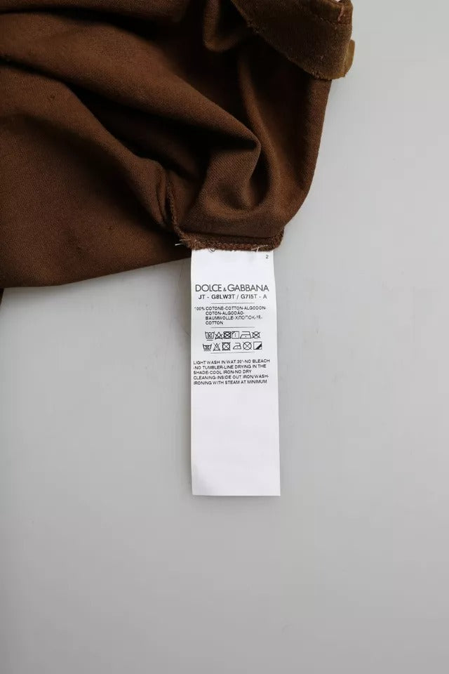Brown cotton crew neck T-shirt with colorful splash design by Dolce & Gabbana, casual and stylish for everyday wear.