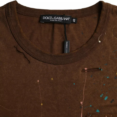 Brown cotton crew neck T-shirt with colorful splash design by Dolce & Gabbana, casual style, front view.