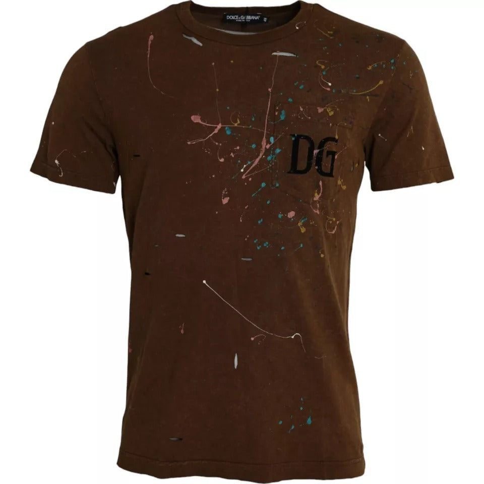 Brown cotton crew neck T-shirt with colorful splash design by Dolce & Gabbana, shown on a plain background.