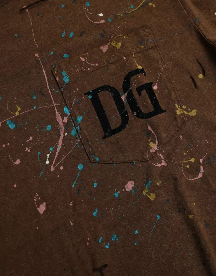Brown cotton crew neck T-shirt with colorful splash print from Dolce & Gabbana, featuring a casual fit and stylish design.