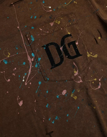 Brown cotton crew neck T-shirt with colorful splash print from Dolce & Gabbana, featuring a casual fit and stylish design.