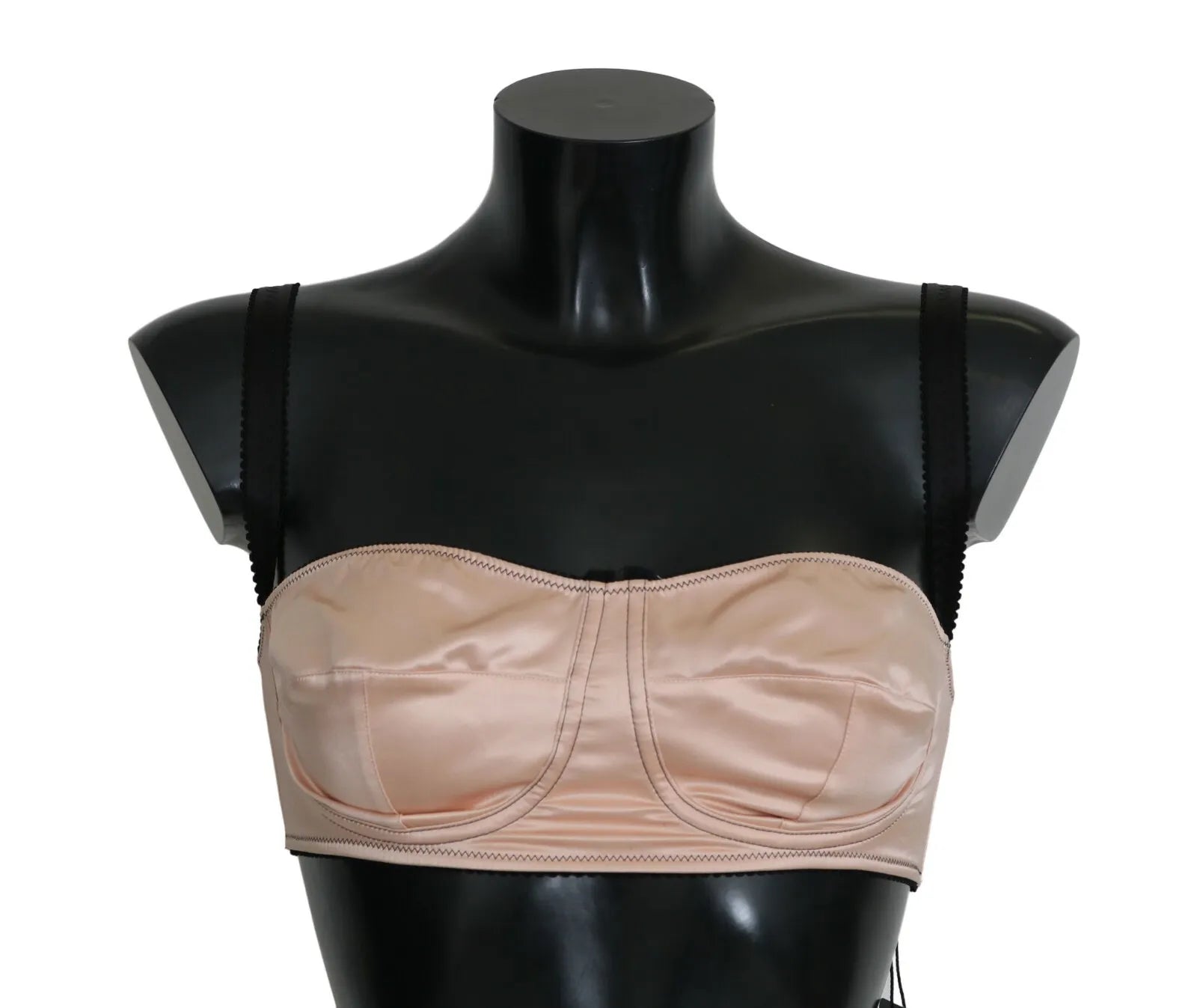 Black Straps Pink Balconette Bra by Dolce & Gabbana with adjustable straps and lace detailing on the cups.