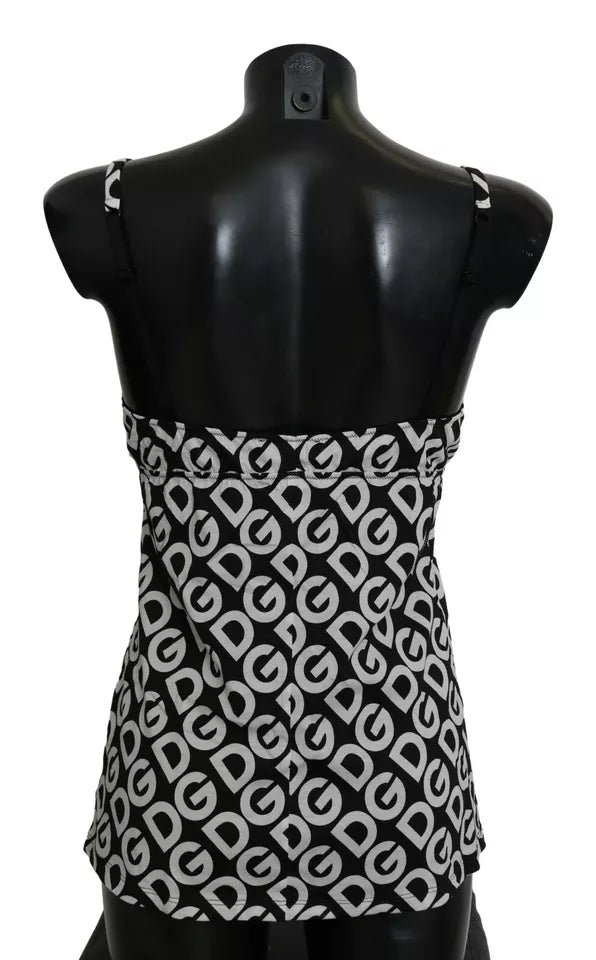 Black DG Mania print sleeveless swimwear by Dolce & Gabbana featuring bold graphic design and fitted style.