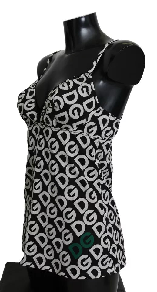 Black DG Mania print sleeveless swimwear by Dolce & Gabbana, featuring bold patterns and a sleek, fitted design.
