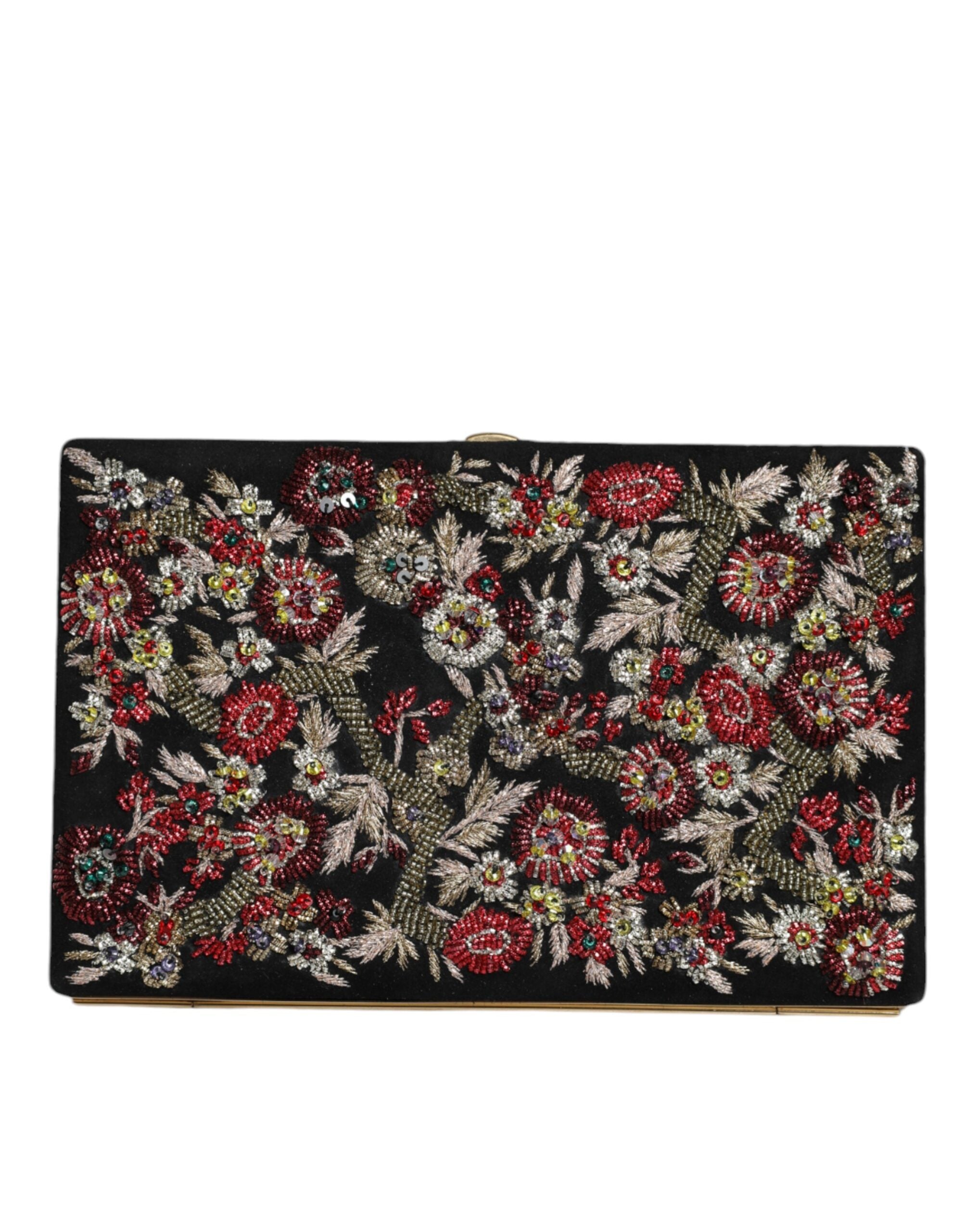 Multicolor floral gold frame clutch evening purse bag by Dolce & Gabbana with intricate floral design and elegant gold trim.